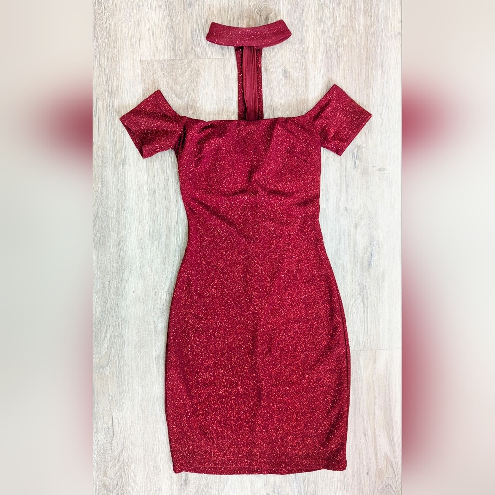 Wine Red Shimmer Off The Shoulder Mini Dress
